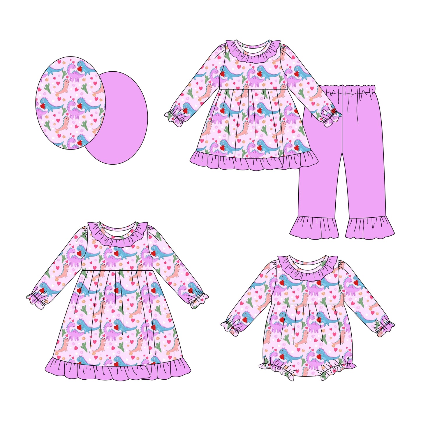 25.11.10 custom each style moq 5 eta 6-8week Sibling Sisters dinosaur love baby girl long sleeve pants sets and dress and rompers match family design