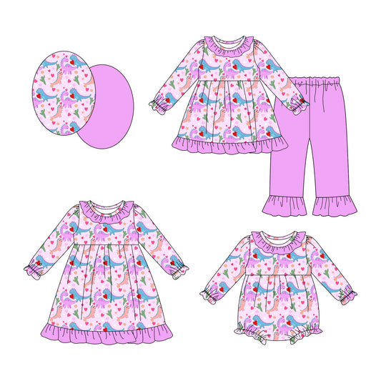 25.11.10 custom each style moq 5 eta 6-8week Sibling Sisters dinosaur love baby girl long sleeve pants sets and dress and rompers match family design