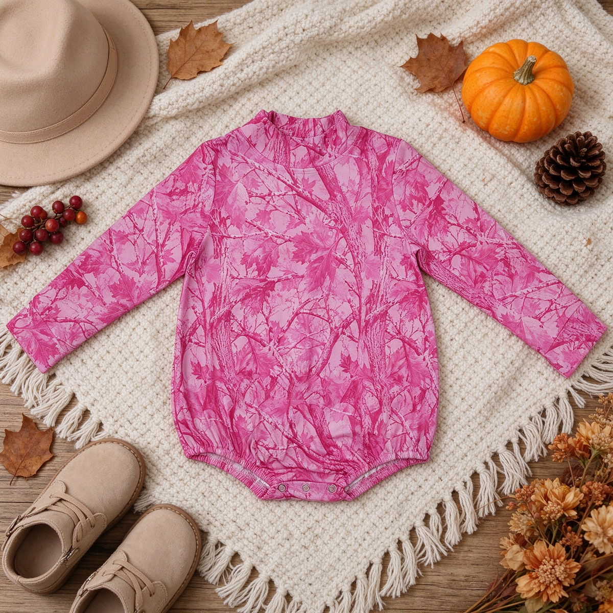 NEW RTS NO MOQ milk silk LR3224 High Neck Baby Girls Pink Leavers Camo Long Sleeve Rompers