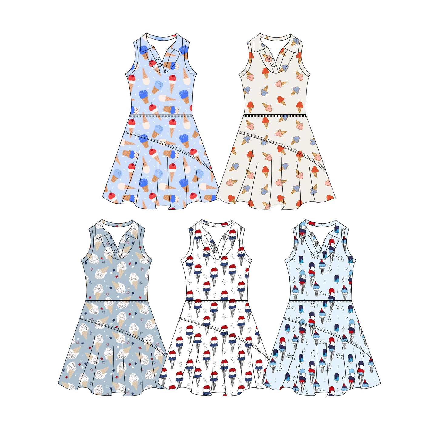 Custom moq 5 mix size Sibling Baby Girls Ice Cream Print Sleeveless Knee-Length Yoga Dress 4th of July Outfits