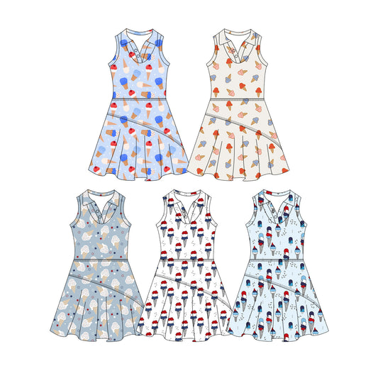Custom moq 5 mix size Sibling Baby Girls Ice Cream Print Sleeveless Knee-Length Yoga Dress 4th of July Outfits