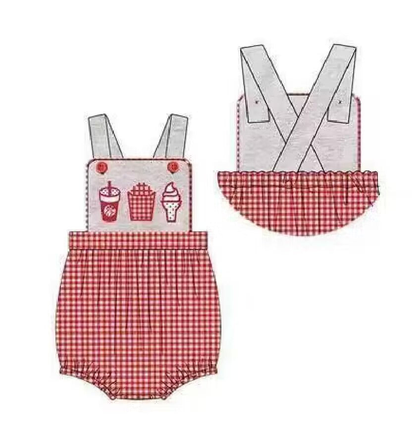 5.18custom each style moq 5eta 4-5week Sibling Sister Drink popcorn ice cream print gray polka dots and red plaid girls and boys outfits and baby romper match family design