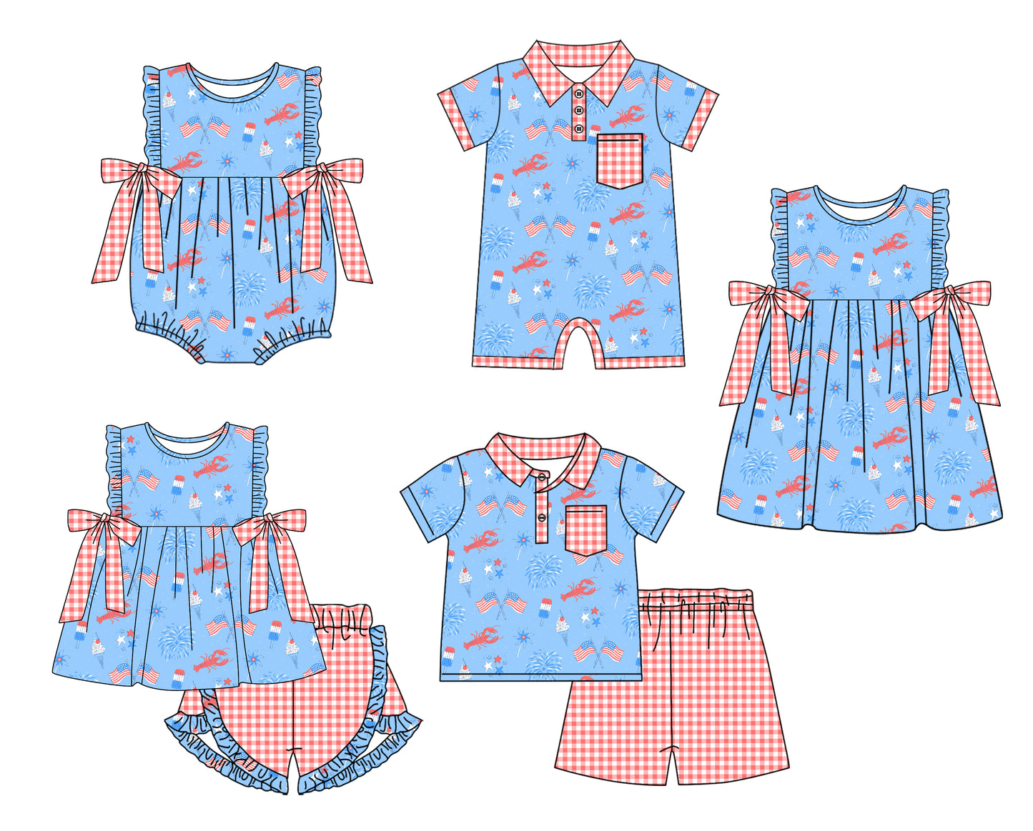 11.22 custom each style moq 5eta 4-6week Sibling Sister crayfish national flag baby girl short sleeve shorts sets and sets 2 and girls romper and boy romper and dress match design