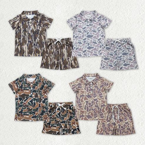 RTS NO MOQ Sibling Baby Boys Camouflage Button Polo Shirts with Pockets Short Clothes Set