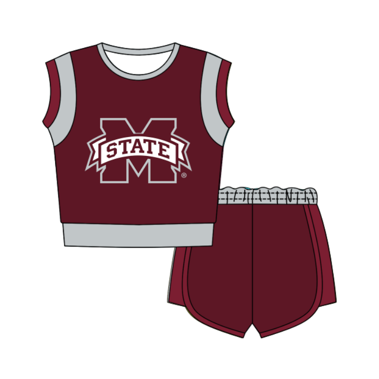 Custom moq 5 mix size milk silk summer teams Dark Red Sleeveless O-Neck Top And Shorts Set Cute And Comfortable Kids' Outfit