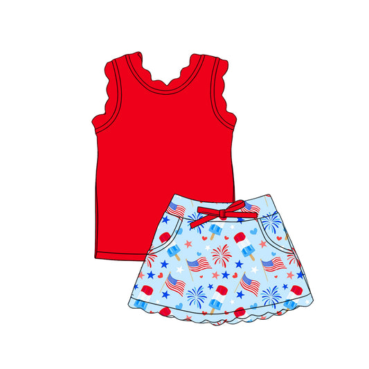 Custom moq 5 mix size Baby Girls Red Sleeveless Top And Blue Skirt Yoga Outfit  Two-Piece Set for Kids