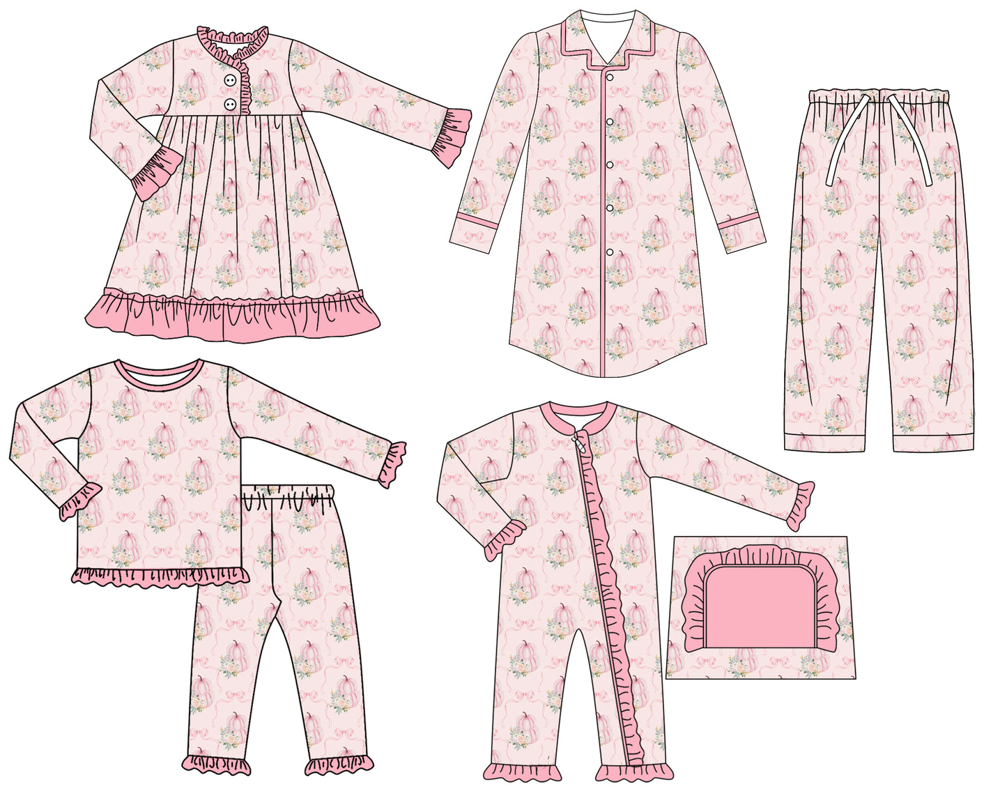 25.6.24 custom each style moq 5eta 4-6week Sibling Sisters pumpkin bow pink baby girl long sleeve pants sets and adult top and adult pants and romper and dress match family design