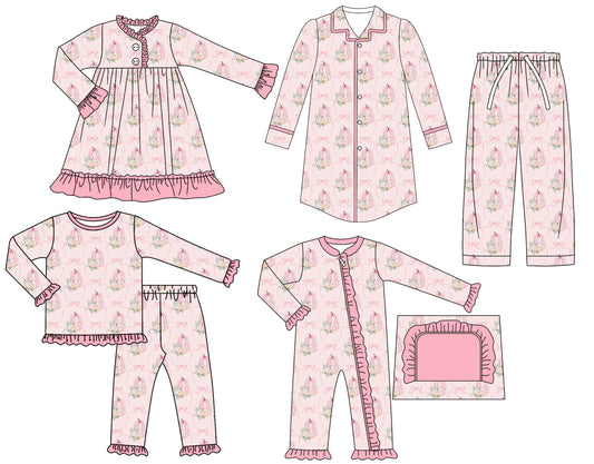25.6.24 custom each style moq 5eta 4-6week Sibling Sisters pumpkin bow pink baby girl long sleeve pants sets and adult top and adult pants and romper and dress match family design
