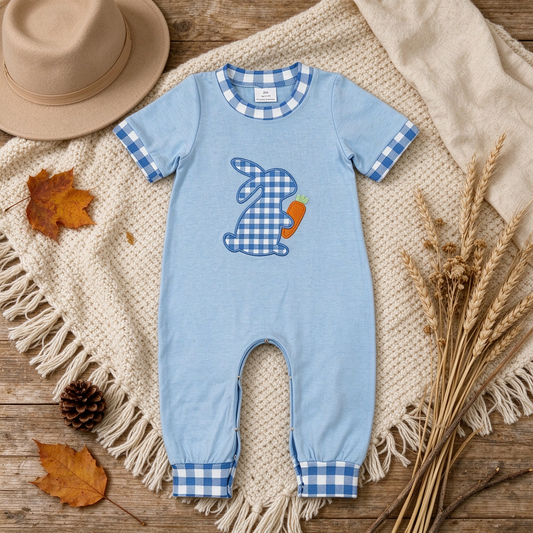NEW RTS NO MOQ milk silk SR4297 Embroidery Baby Boys Blue Checked Rabbit Carrots Easter Short Sleeve Pant Rompers