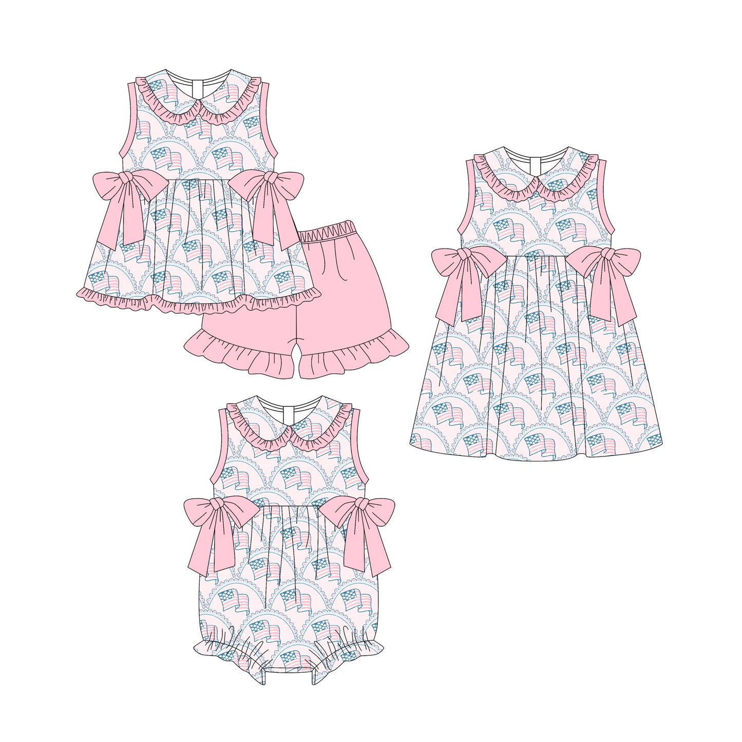 25.11.3 custom each style moq 5 eta 6-8week Sibling Sister flag baby short sleeve shorts sets and romper and dress match design