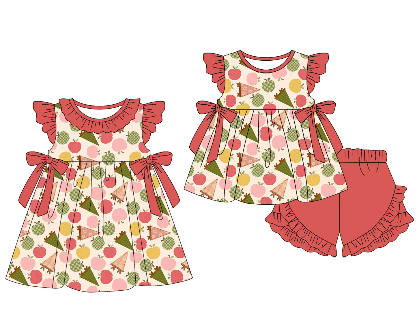 3.18 Custom moq 5 mix size Sibling Baby Girl's Red Flutter Sleeve Tunic Ruffle Shorts Set Cute Dress for Summer