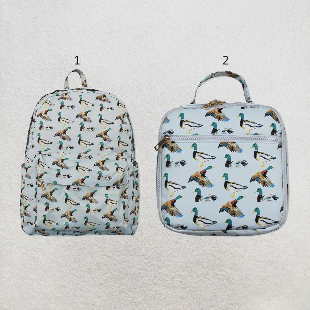 RTS NO MOQ Sibling milk silk Baby Kids Ducks Hunting Print Backpacks Bags Boxes