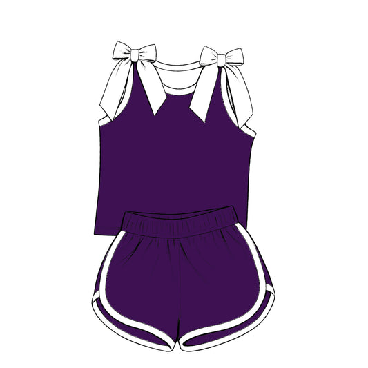 custom moq 5 mix size Baby Girls White Bow Sleeveless Purple Top Shorts Summer Cute Clothing Set