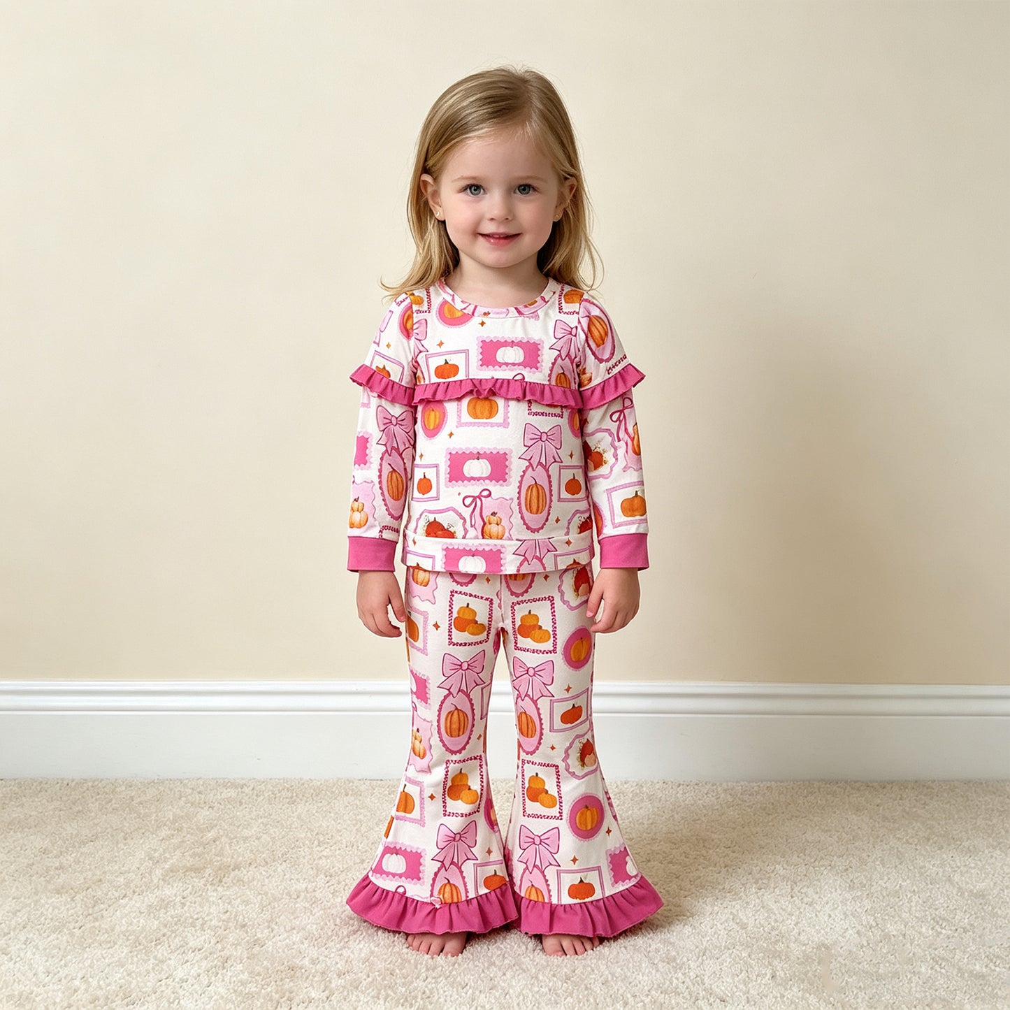 NEW RTS NO MOQ milk silk GLP3504 Baby Girls Pumpkin Plaid Print Bow Long Sleeve Top High Waist Pants Set