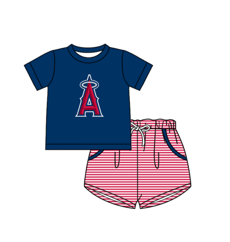 Custom moq 5 mix size milk silk summer teams Baby Boys And Girls Navy Blue Short-Sleeved Shirt And Shorts Set Matching Striped Rompers Outfit Set