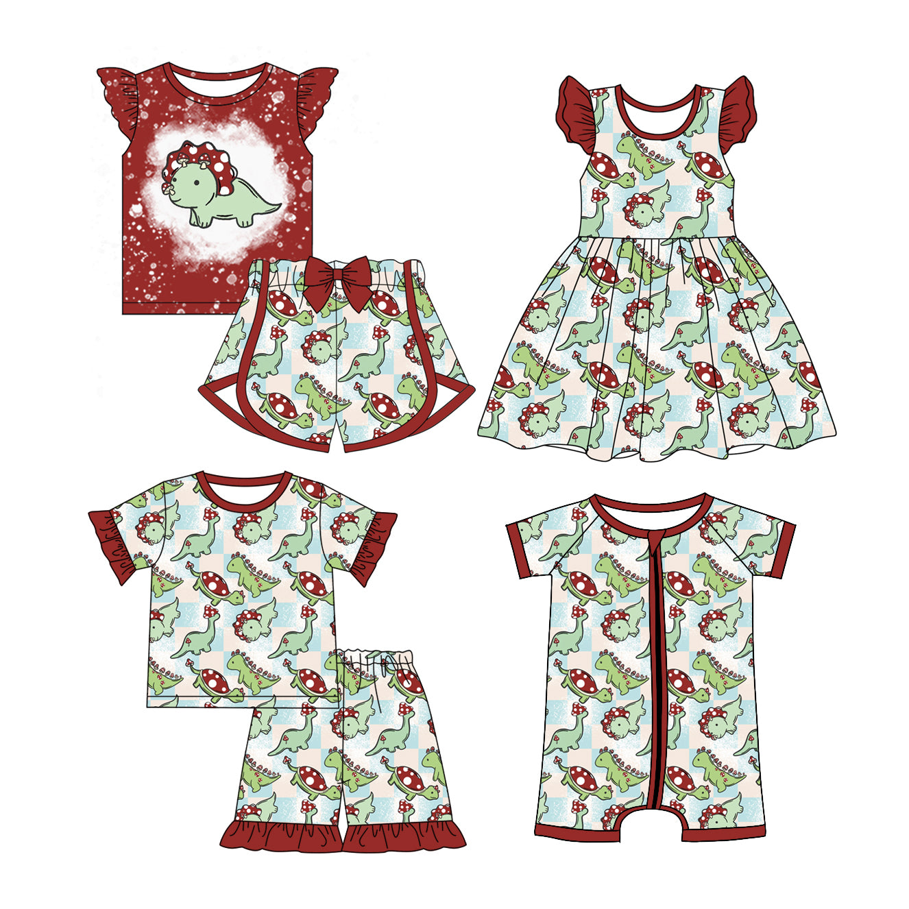 12.23 custom each style moq 5eta 4-6week Sibling Sister dinosaur baby girl short sleeve shorts sets and sets 2 and girls romper and boy romper and dress match design