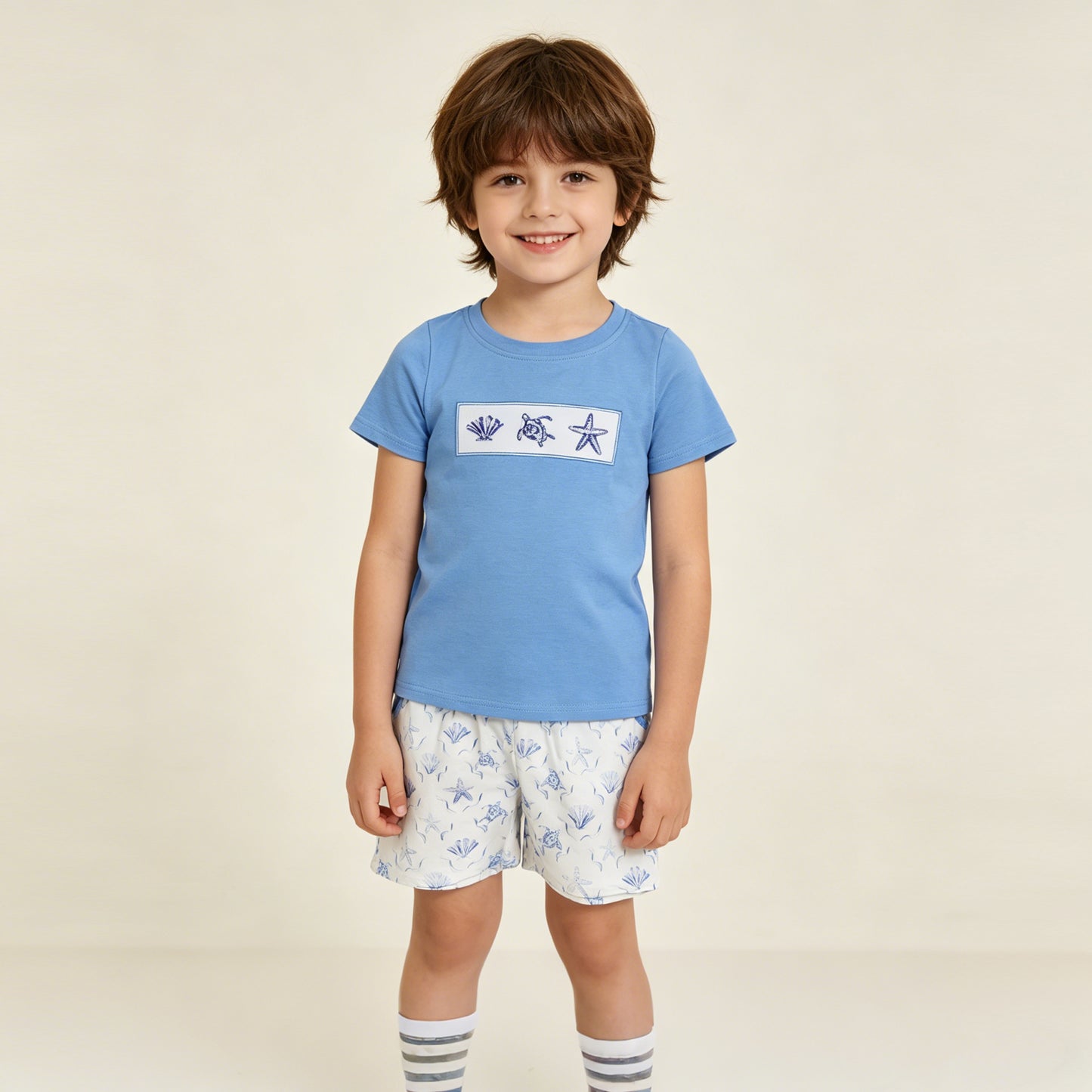 RTS NO MOQ BSSO1979 Baby Boys Cute Shirt with Embroidery Shells and Starfishes Top Pocket Shorts Outfit Set