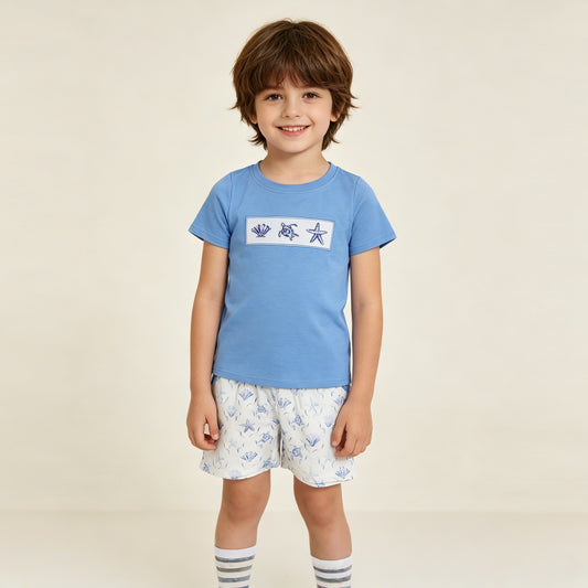 RTS NO MOQ BSSO1979 Baby Boys Cute Shirt with Embroidery Shells and Starfishes Top Pocket Shorts Outfit Set