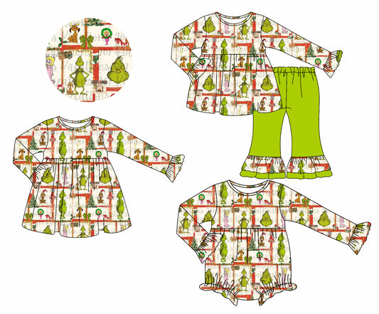 25.7.12 custom each style moq 5eta 4-6week Sibling Sisters Christmas green baby girl long sleeve pants sets and dress and rompers match family design