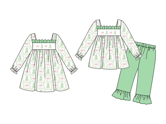 25.5.26 custom each style moq 5eta 4-6week Sibling Sisters Christmas trees bow baby girl long sleeve pants sets and dress match family design