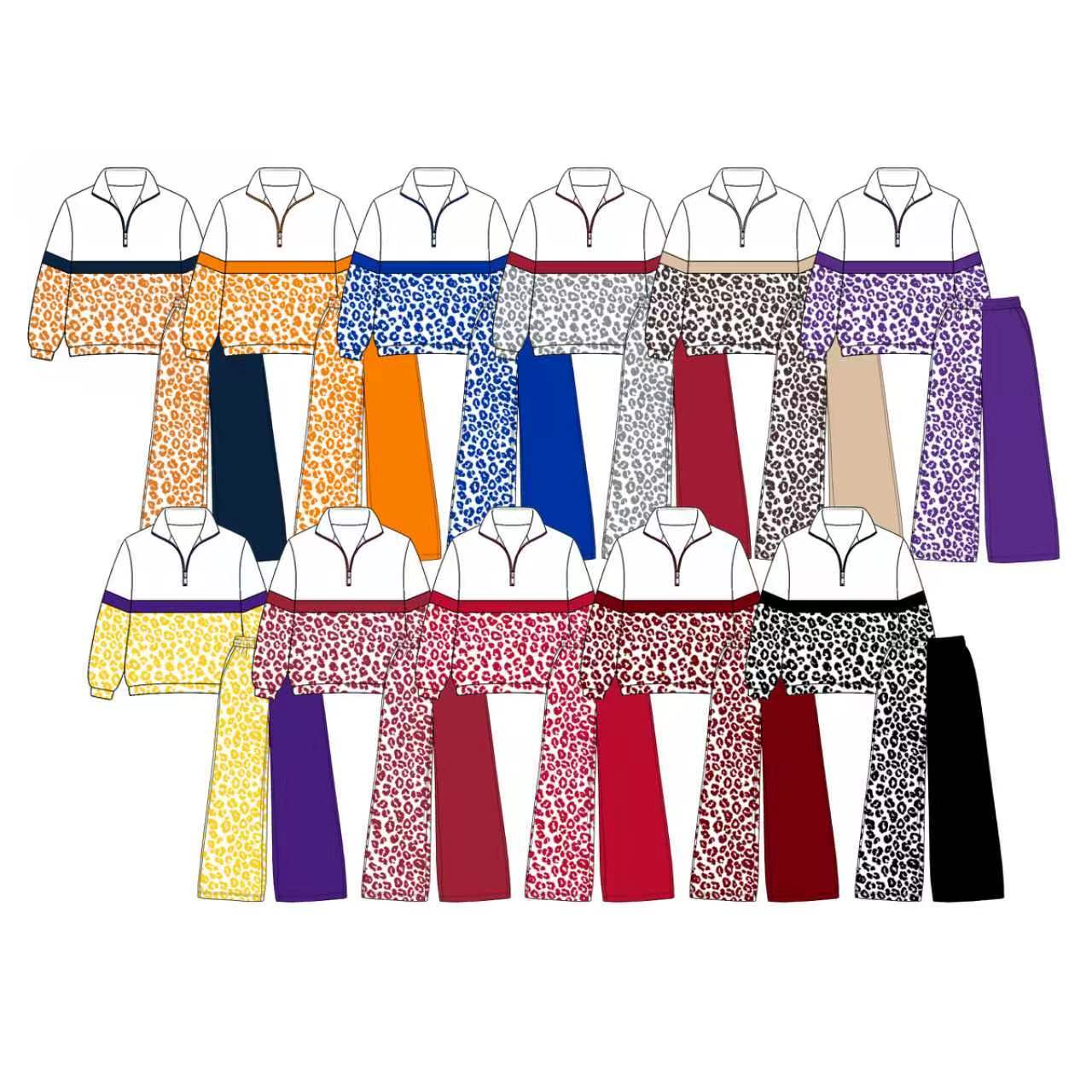 (Preorder new) No moq Baby Girls Leopard Colorblock Half Zip Top Wide Leg Pants Clothes Set