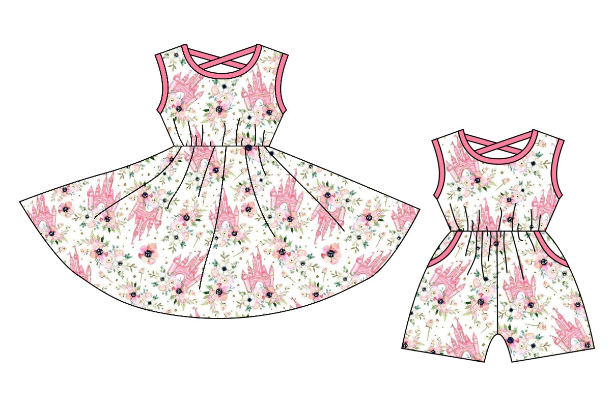 12.26 custom each style moq 5eta 4-6week Sibling Sister castle floral baby girl short sleeve shorts dress and jumpsuit match design