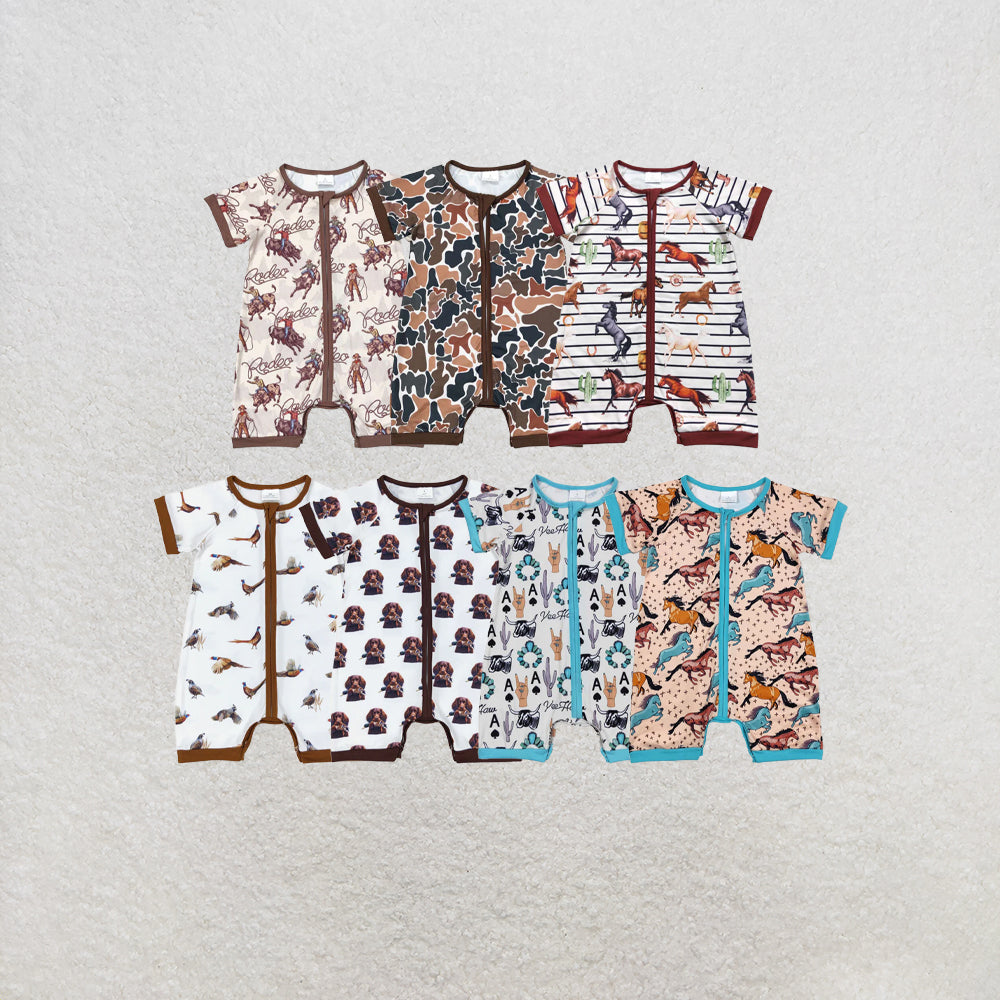 RTS NO MOQ Sibling Baby Infant Boys Western Cowboys Short Sleeve Zip Rompers