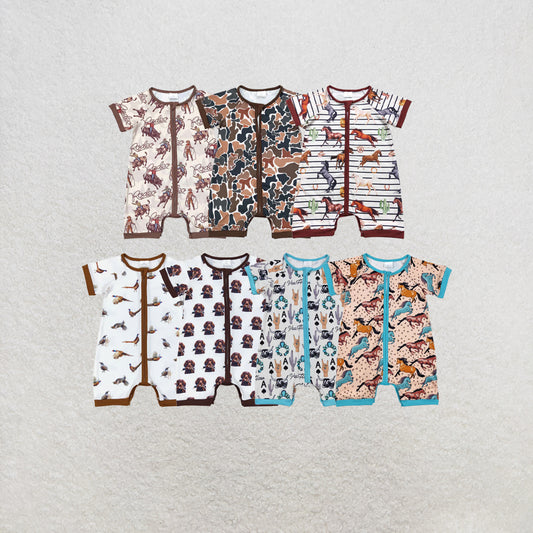 RTS NO MOQ Sibling Baby Infant Boys Western Cowboys Short Sleeve Zip Rompers