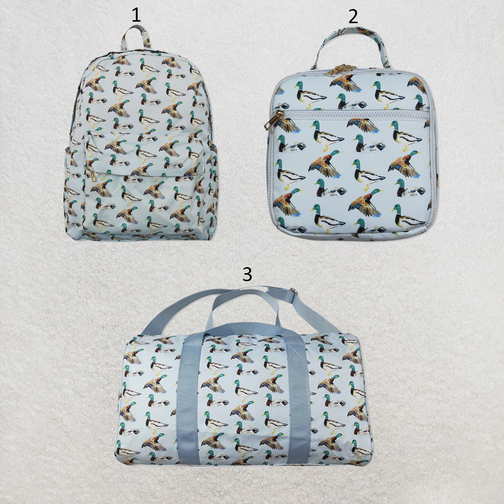 RTS NO MOQ Sibling milk silk Baby Kids Blue Duck Print Large Capacity Zipper Duffle Gym Travel Bags