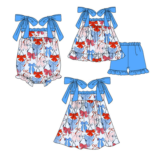 12.12 custom each style moq 5eta 4-6week Sibling Sister bow baby girl short sleeve shorts sets and dress and rompers match family design