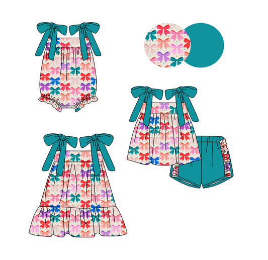25.10.22 custom each style moq 5 eta 6-8week Sibling Sister bow baby short sleeve shorts sets and romper and dress match design
