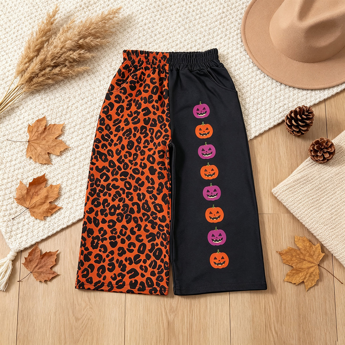 NEW RTS NO MOQ milk silk P1136 Baby Girls Ghosts Pumpkins Leopard Halloween Pockets Straight Pants
