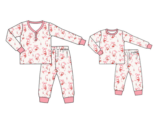 25.5.16 custom each style moq 5eta 4-6week Sibling Sister Christmas bow long sleeve pants sets and adult sets match design