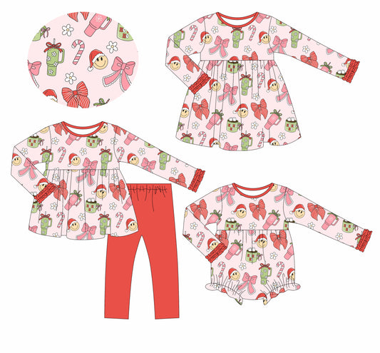 25.6.7 custom each style moq 5eta 4-6week Sibling Sisters Christmas bow baby girl long sleeve pants sets and dress and rompers match family design