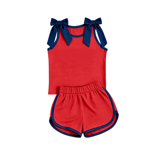 custom moq 5 mix size Baby Girls Navy Blue Bow Sleeveless Red Top Shorts Team Athletic Set