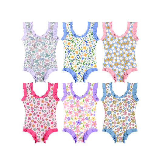 3.19 Custom moq 5 mix size Sibling Baby Girl's Floral Sleeveless Onesie Swimsuit