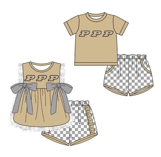 Custom moq 5 mix size milk silk summer teams Brown Girl Sleeveless Top And Plaid Shorts Set with Bow Boy Short Sleeved Top And Plaid Shorts Set