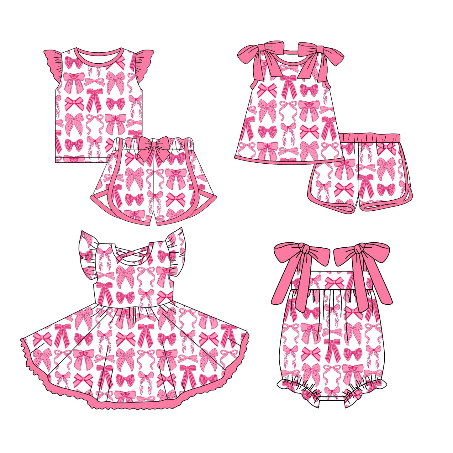 3.13 custom each style moq 5eta 4-6week Sibling Sister bow baby girls short sleeve set and set 2 and dress and romper match design