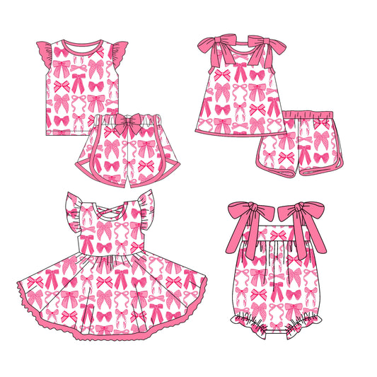 3.13 custom each style moq 5eta 4-6week Sibling Sister bow baby girls short sleeve set and set 2 and dress and romper match design