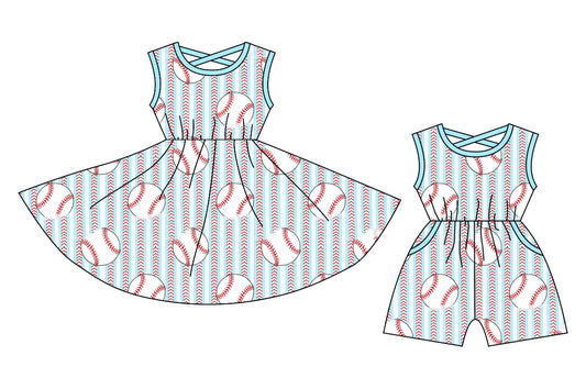 3.12 custom each style moq 5eta 4-6week Sibling Sister baseball baby girl short sleeve dresses and jumpsuit match design