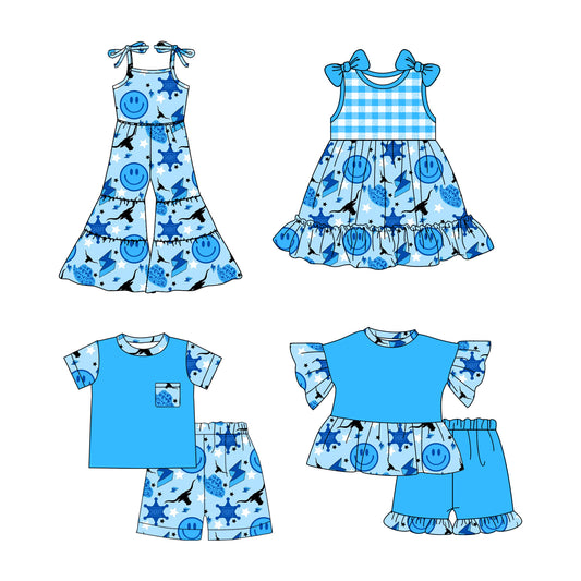 2.21 custom each style moq 5eta 4-6week Sibling Sister smiley baby girl sets and dress and jumpsuit match family design