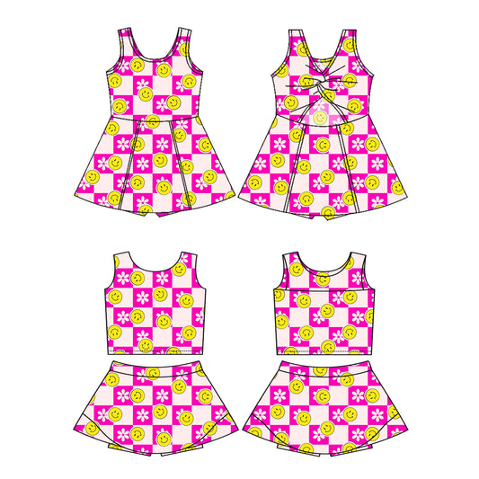 3.27 custom each style moq 5eta 4-6week Sibling Sister smiley floral rose red baby girls clothes Short sleeve yoga dress 1 and dress 2 match family design