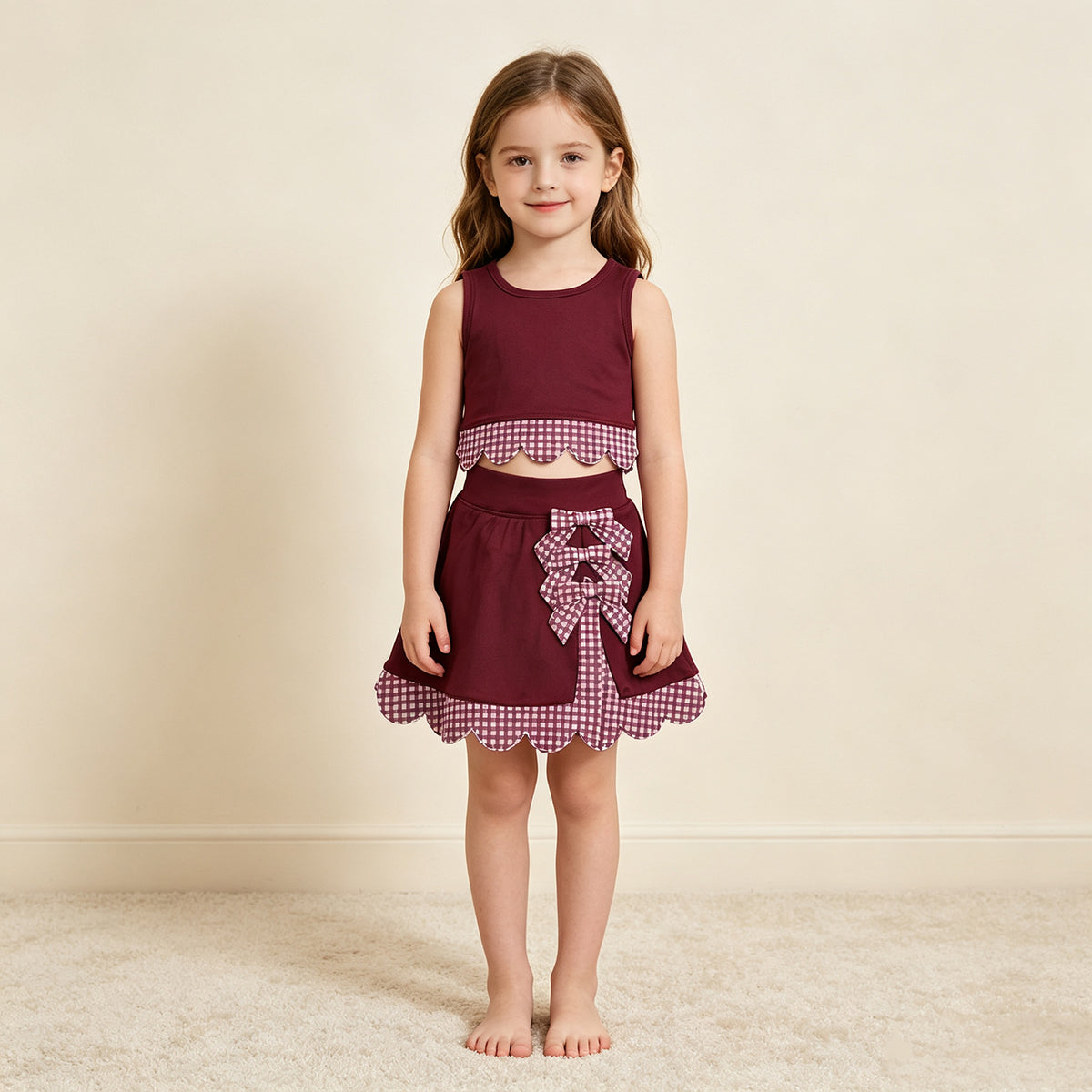 NEW RTS NO MOQ yoga fabric GSD4266 Yoga Baby Girls Cute Bow Maroon Vest Scallop Edge Skort Clothing Set
