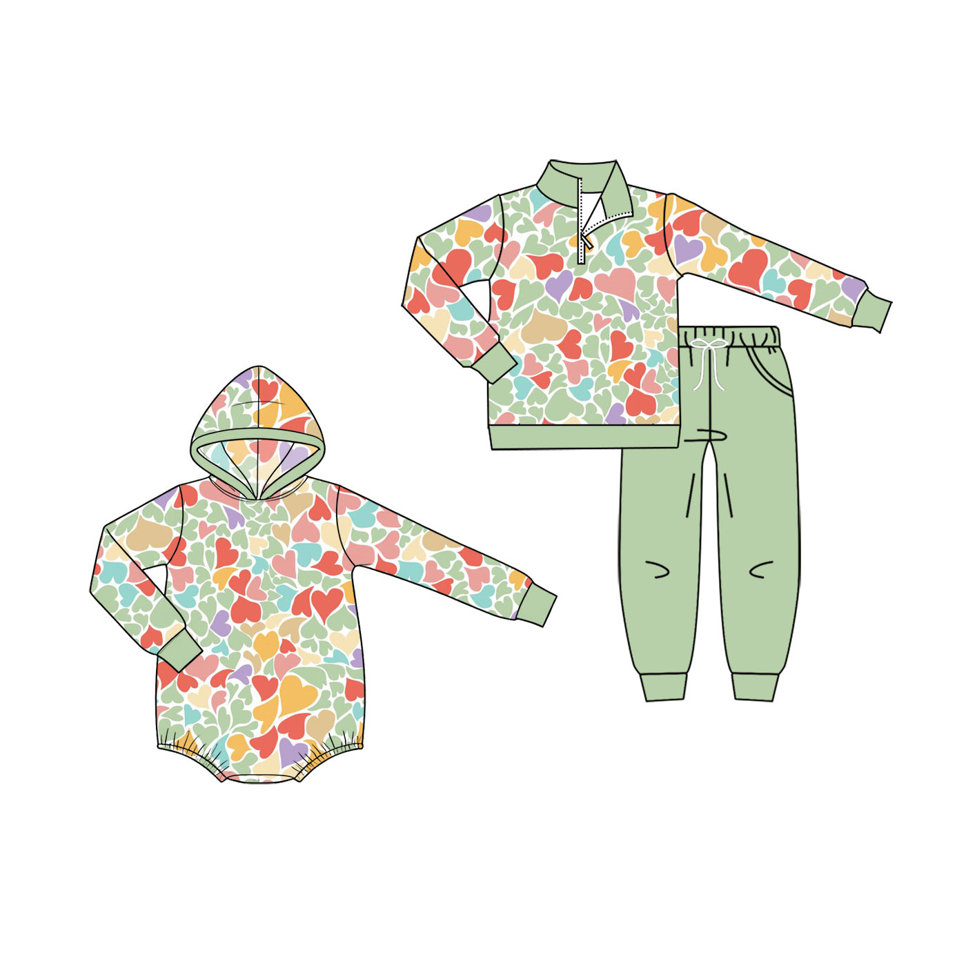 (Preorder new) No moq Baby Boys Colorful Hearts Valentines Print Zip Pullover Pocket Top Matching Jogger Set Rompers