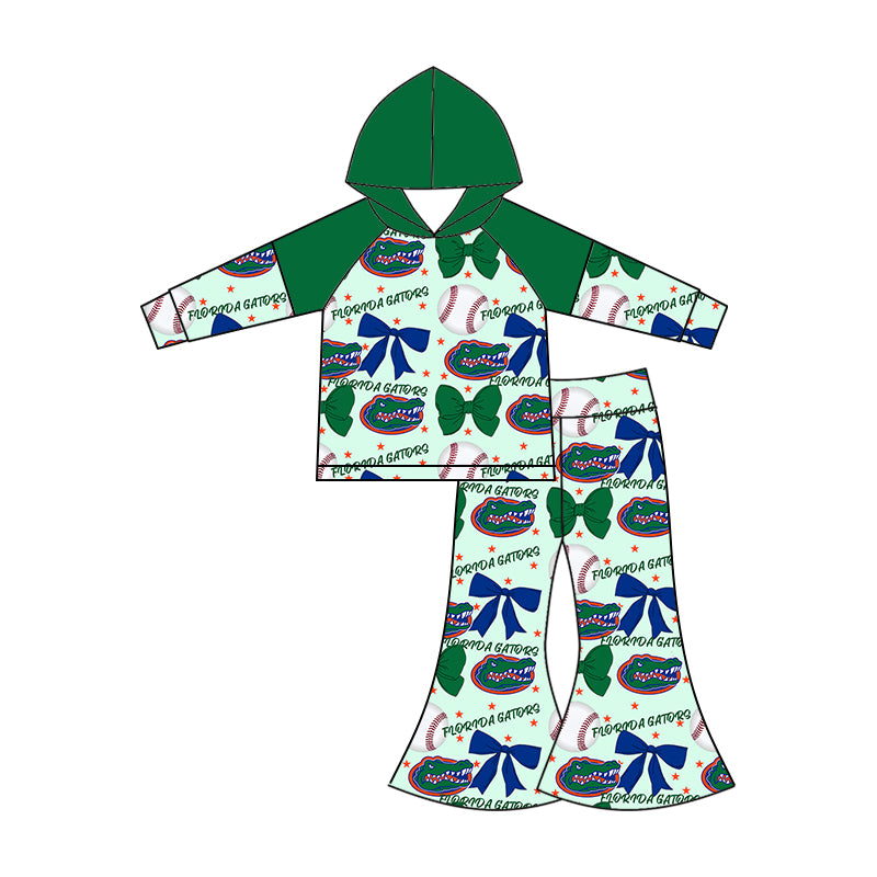 Custom moq 5 each style summer teams baby girls clothes team bow green long sleeve hooded pants sets and dress and romper-25.6.13