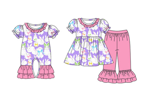 25.9.27 custom each style moq 8 eta 6-8week Sibling Sisters bunny bow baby girl clothes short sleeve pants sets and romper match family design