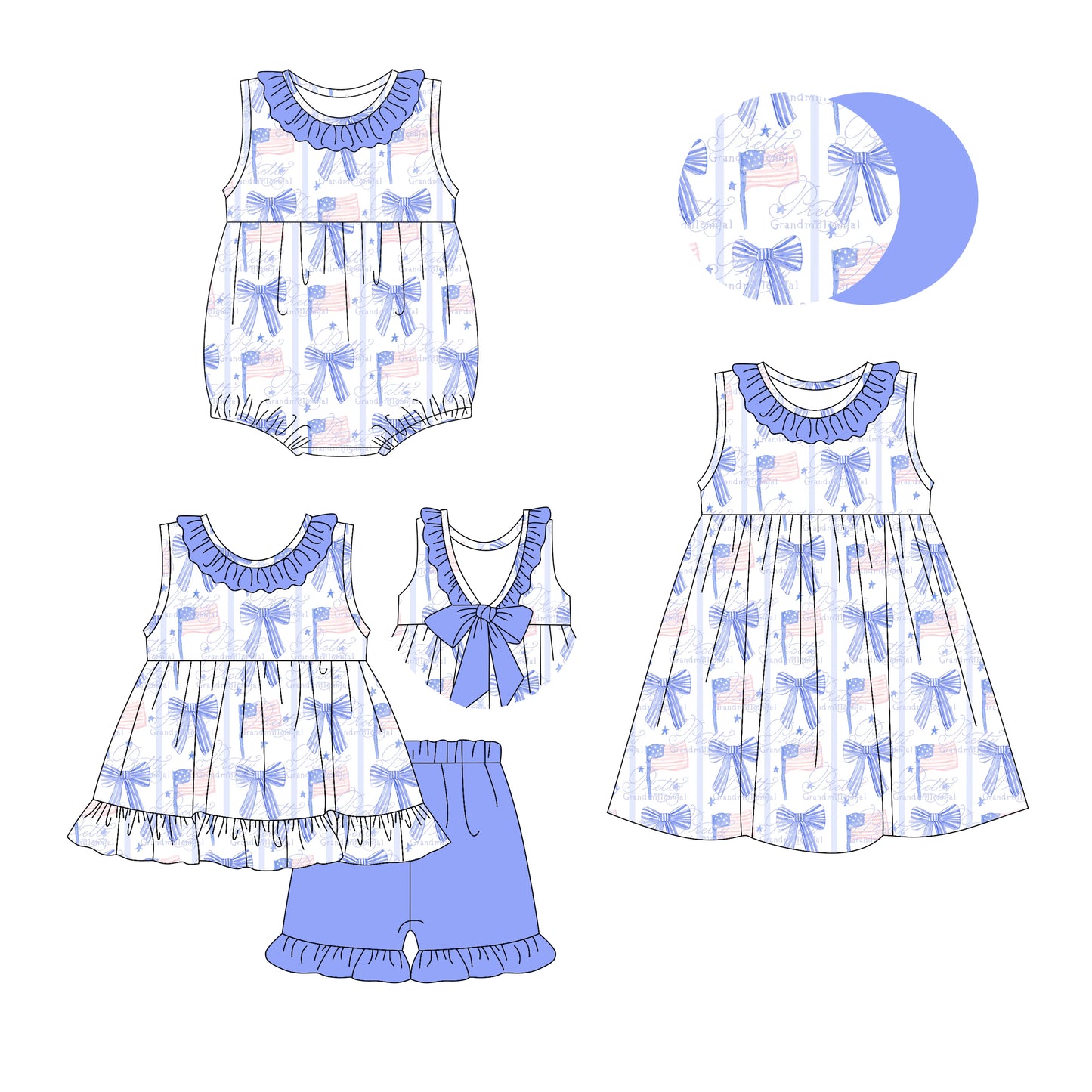 2.25 custom each style moq 5eta 4-6week Sibling Sisters bow flag baby girl short sleeve shorts sets and dress and rompers match family design