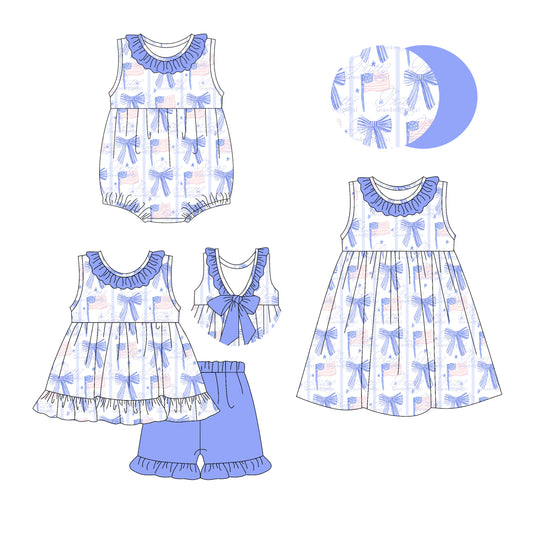 2.25 custom each style moq 5eta 4-6week Sibling Sisters bow flag baby girl short sleeve shorts sets and dress and rompers match family design