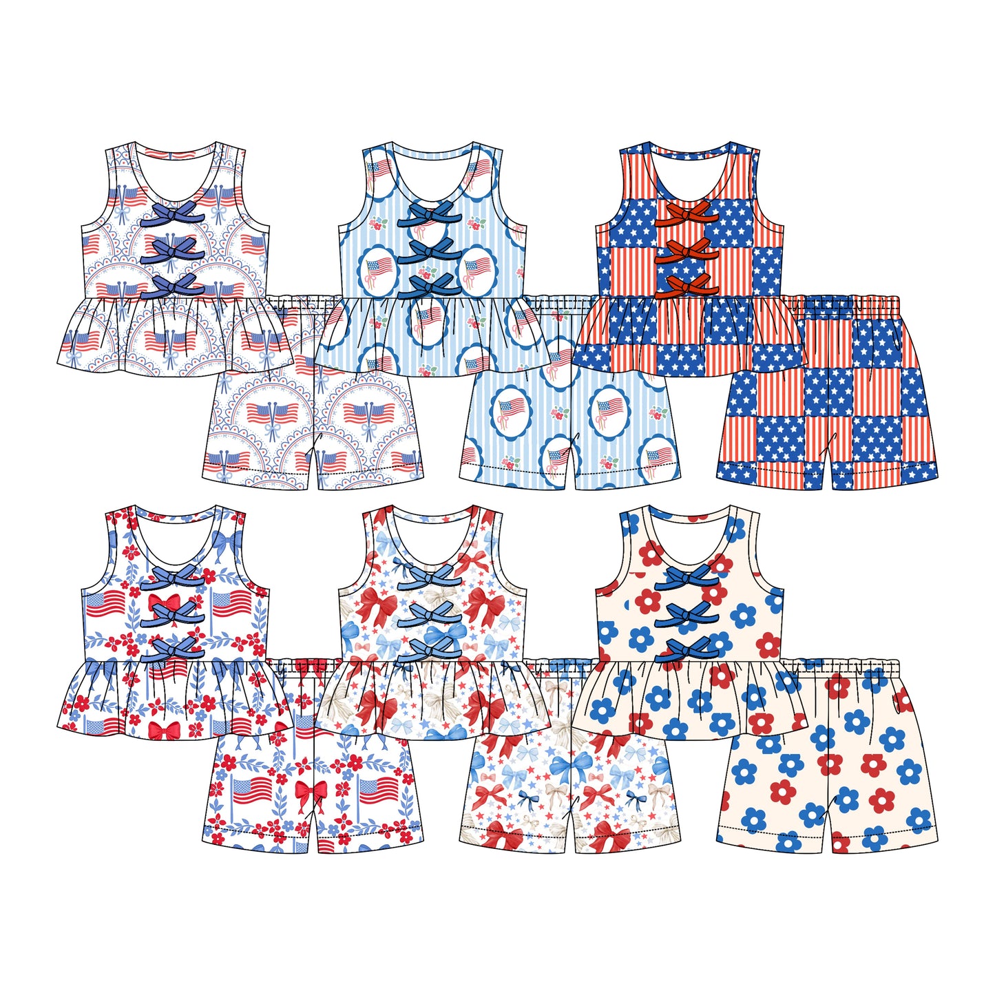 3.11 Custom moq 5 mix size Sibling Baby Girl 4th of July Sleeveless Top And Shorts Set Cute Summer Outfit