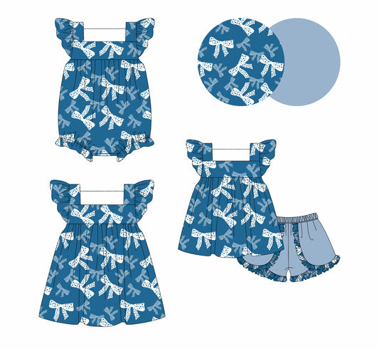 4.3 custom each style moq 5eta 4-6week Sibling Sisters bow baby girl short sleeve shorts sets and dress and rompers match family design